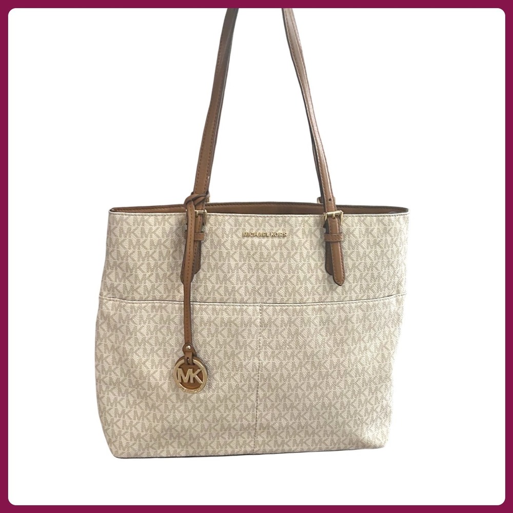 Michael Kors Vanilla MK Monogram Tote Bag‎ Acorn Leather Trim Gold Hardware